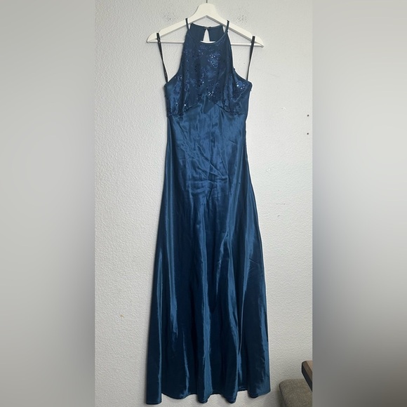 Zum Zum Teal Satin Halter Sequin Maxi Long Dress Womens Size 7/8 Vintage Prom - Picture 1 of 10
